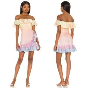 NWT Yumi Kim Santa Fe Dress Rainbow Ombre Off the Shoulder Ruffle Trim Blush S‎